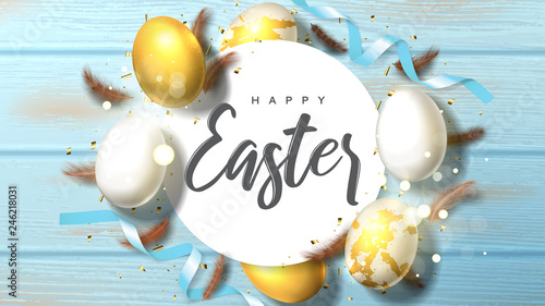 Holiday banner for Happy Easter. Beautiful banner with realistic white and gold Easter eggs, sparkling golden confetti, satin ribbons and chicken feathers. Festive vector illustration.