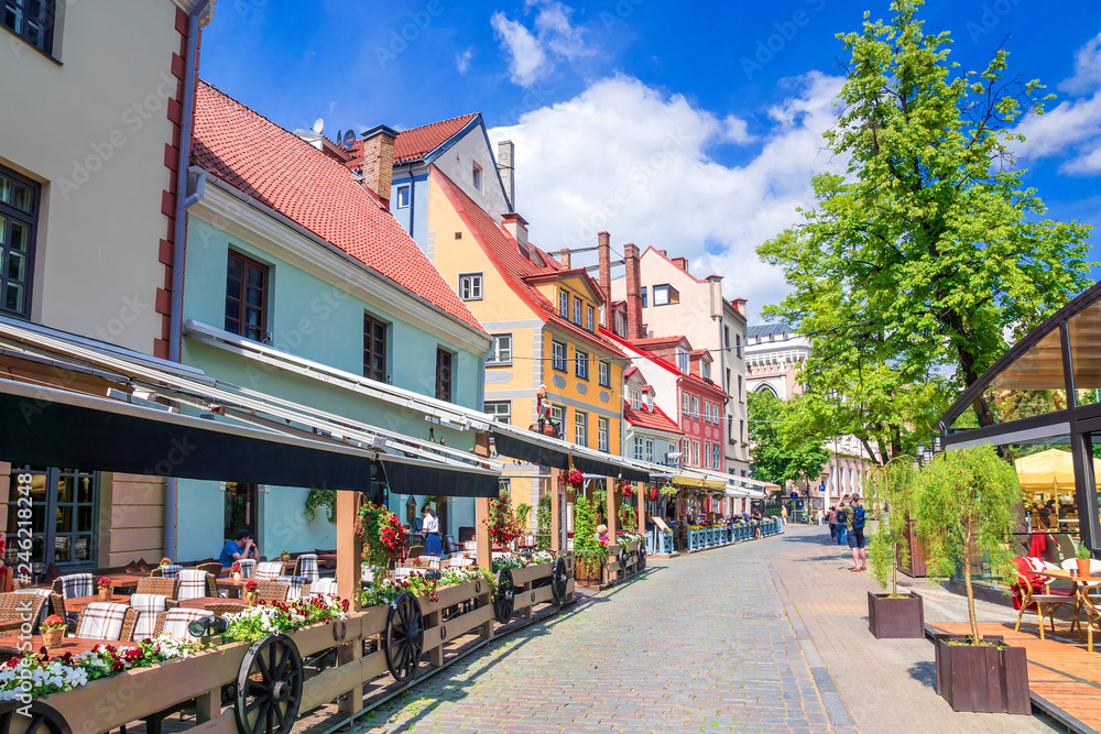Riga, Latvia. Square Livu with beautiful buildings in the old city of Riga