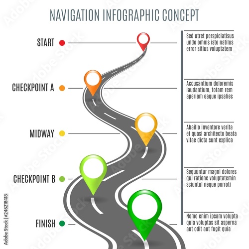 Road map concept. Highway road background for business infographic, vector roadtrip illustration symbols for success navigation