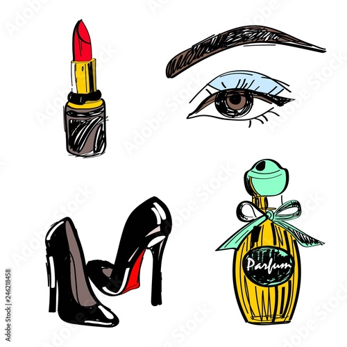 Vector illustration, set. Lipstick, eyes, stilettos, perfume bottle