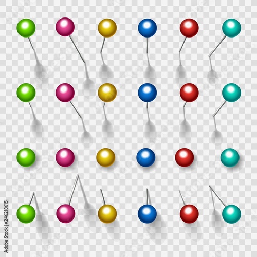 Colorful thumbtacks. Metal color pushpins isolated on transparent background, vector push pins with round pushing heads for cork board