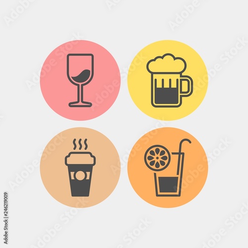 Drinks flat vector icons set. Coffee  wineglass  beer  juice flat vector icons