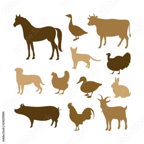Farm animals silhouettes. Horse  cow  pig  goat  rabbit  cat  dog  goose  chicken  duck  rooster  turkey vector silhouettes