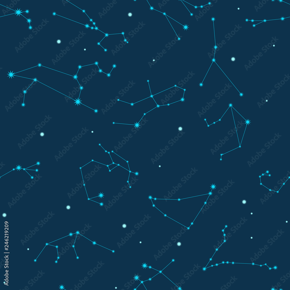 Fototapeta premium Vector seamless pattern of zodiac constellations in the dark blue