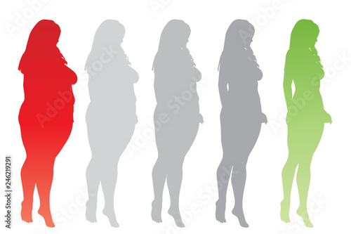 Vector conceptual fat overweight obese female vs slim fit healthy body after weight loss or diet with muscles thin young woman isolated. Fitness  nutrition or fatness obesity  health silhouette shape