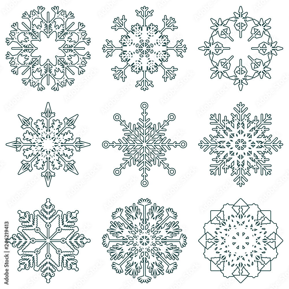 Vector collection of artistic icy abstract crystal snow flakes isolated on background as winter december decoration group or collection. Ice or frost beautiful star ornament silhouette or season art Vector collection of artistic icy abstract crystal snow flakes isolated on background as winter december decoration group or collection. Ice or frost beautiful star ornament silhouette or season art