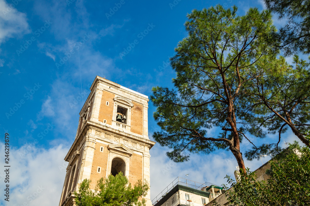 Belltower of Santa Chiara Church in Naples City, Italy