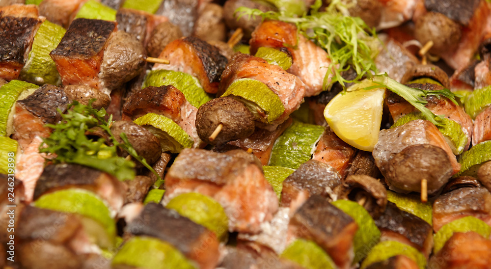 grilled vegetables and salmon with greens and lemon grilled vegetables and salmon with greens and lemon