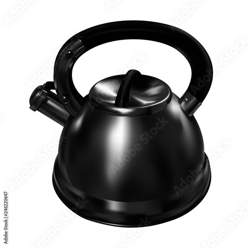 Steel shiny classic round kettle with black handle and whistle. 3d mesh realistic vector kettle (teapot). Realistic vector illustration  isolated on white.