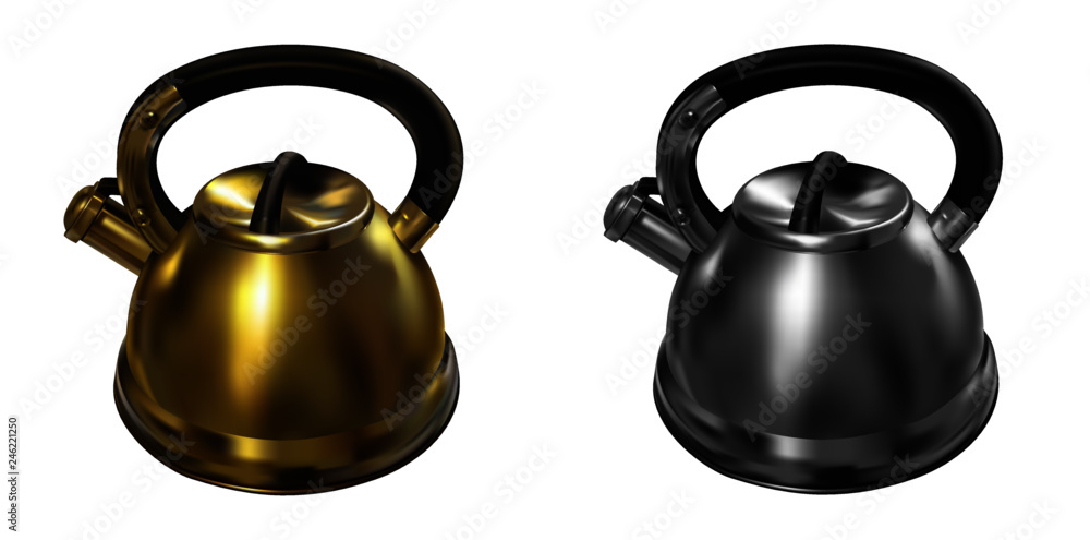 Golden and steel shiny classic round kettle set with black handle and whistle. 3d mesh realistic vector kettle (teapot). Realistic vector illustration isolated on white.