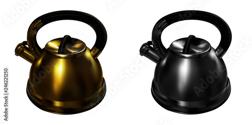 Golden and steel shiny classic round kettle set with black handle and whistle. 3d mesh realistic vector kettle (teapot). Realistic vector illustration isolated on white.