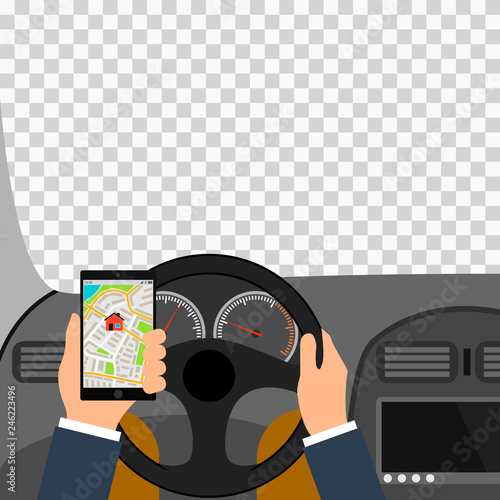 Man using smartphone while driving the car, traffic accident graphic design conceptual vector illustration. City map colored illustration for navigation program or mobile app