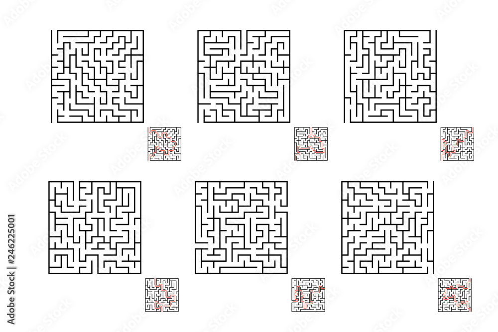 A set of square mazes. Game for kids. Puzzle for children. Labyrinth conundrum. Flat vector illustration isolated on white background. With answer. A set of square mazes. Game for kids. Puzzle for children. Labyrinth conundrum. Flat vector illustration isolated on white background. With answer.