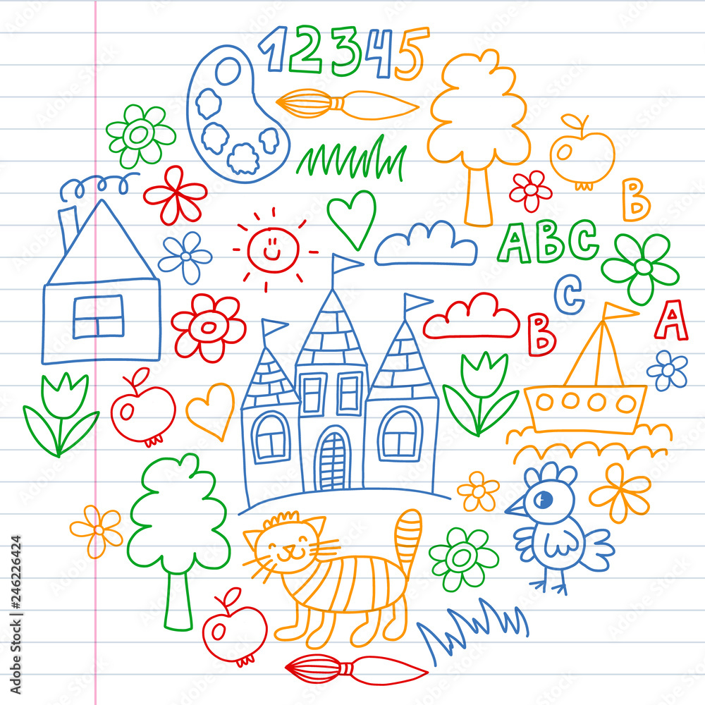 Kindergarten pattern, drawn kids garden elements pattern, doodle drawing, vector illustration, colorful. line. Kindergarten pattern, drawn kids garden elements pattern, doodle drawing, vector illustration, colorful. line.