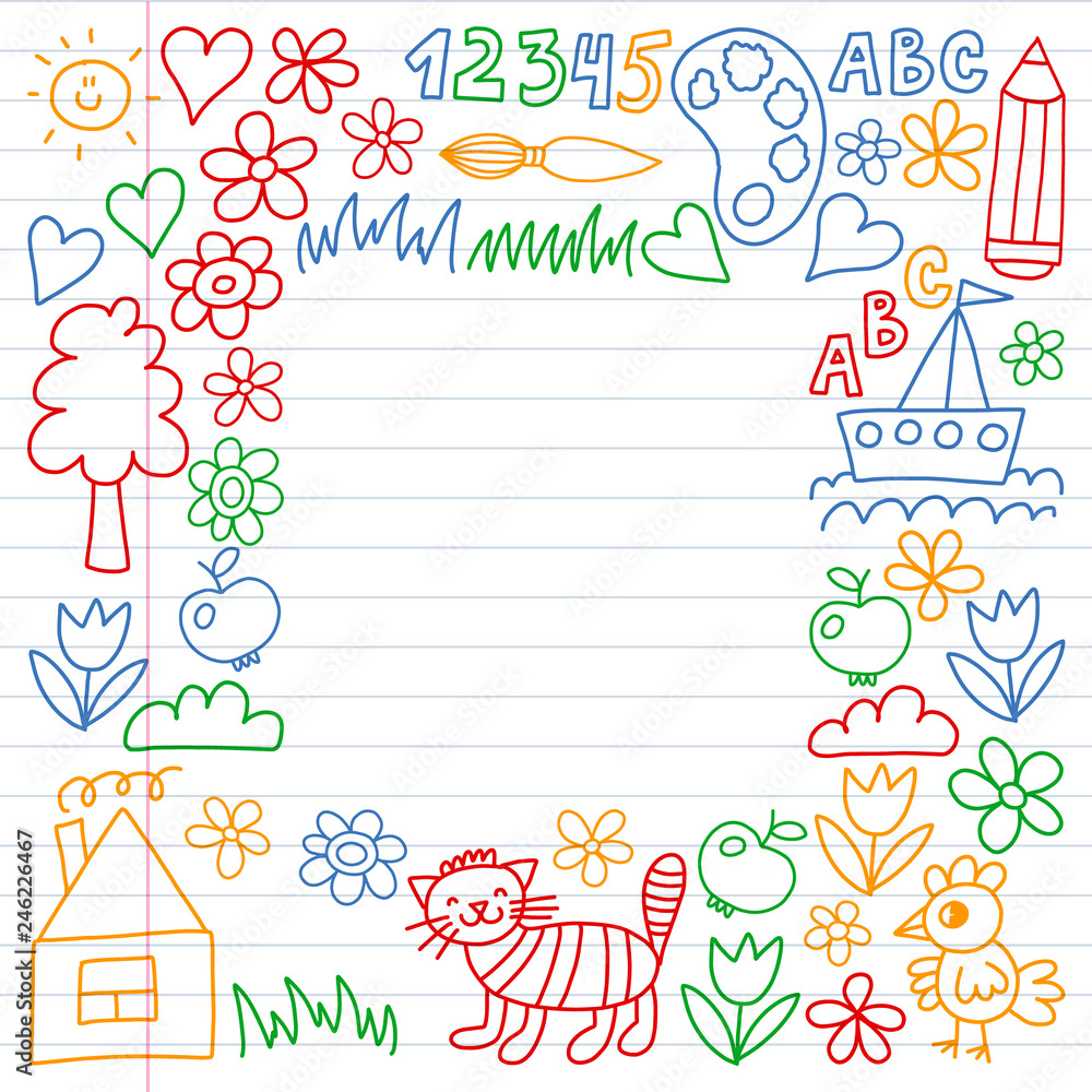Kindergarten pattern, drawn kids garden elements pattern, doodle drawing, vector illustration, colorful. line. Kindergarten pattern, drawn kids garden elements pattern, doodle drawing, vector illustration, colorful. line.
