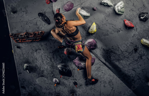 Back view of a young sporty woman climbing on practical rock wall indoors 