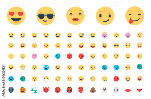 All basic face emojis, emoticons, emotions flat vector illustration symbols. Faces, feelings, situations, shy, embarrassed, smile, mood, joke, lol, laugh, cry, happy icons - Vector. Updated.