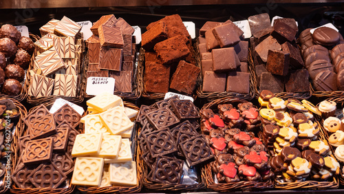 gourmet sweets market chocolate on display in a local marced in Barcelona, Spain photo