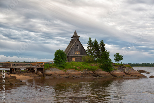 Old wooden church built for filming on the White Sea  Russia