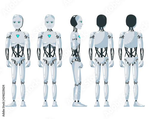 Vector illustration of a  robotic man with the white background. Cartoon realistic humanoid robot.Flat robot. Front, side and back views. RPA Robotic progress automation concept illustration.