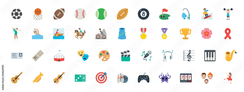 Sports, music instruments, games vector illustration symbols set. All type of balls, activities icons, emoticons set, collection. Sports, music instruments, games vector illustration symbols set. All type of balls, activities icons, emoticons set, collection.