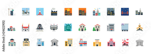Buildings construction, hospital, school, monuments, church, stadium vector symbols. Buildings, landmarks illustration icons, emoji, emoticons set, collection.
