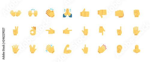 Hand gestures vector icons set. All type of hand emojis, emoticons, thumbs up, down, arm, elbow, gym, muscle, nail illustrations set, collection