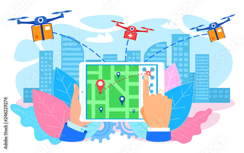 Drones Delivering Parcel to City Hand with Tablet.