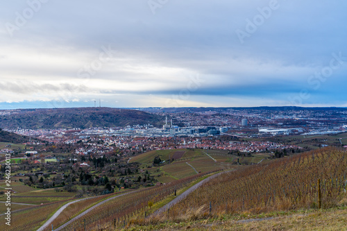 Germany  City of stuttgart behind vineyards from above