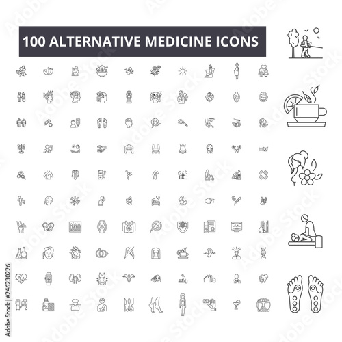 Alternative medicine editable line icons, 100 vector set on white background. Alternative medicine black outline illustrations, signs, symbols