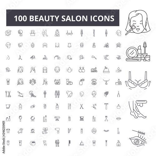 Beauty salon editable line icons, 100 vector set on white background. Beauty salon black outline illustrations, signs, symbols