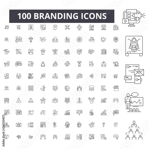 Branding editable line icons, 100 vector set on white background. Branding black outline illustrations, signs, symbols