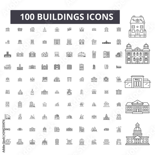 Buildings editable line icons, 100 vector set on white background. Buildings black outline illustrations, signs, symbols