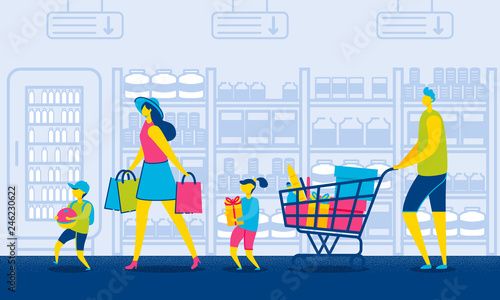 Family in Mall with Grocery Cart Consumerism.