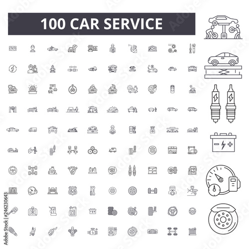 Car service editable line icons, 100 vector set on white background. Car service black outline illustrations, signs, symbols