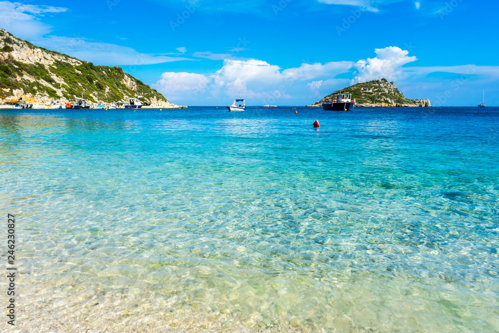 Greece, Zakynthos, Perfect sand beach and turquoise water at agios nikolaos harbor Greece, Zakynthos, Perfect sand beach and turquoise water at agios nikolaos harbor