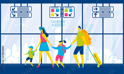 Family Travel Passengers with Luggage in Airport.