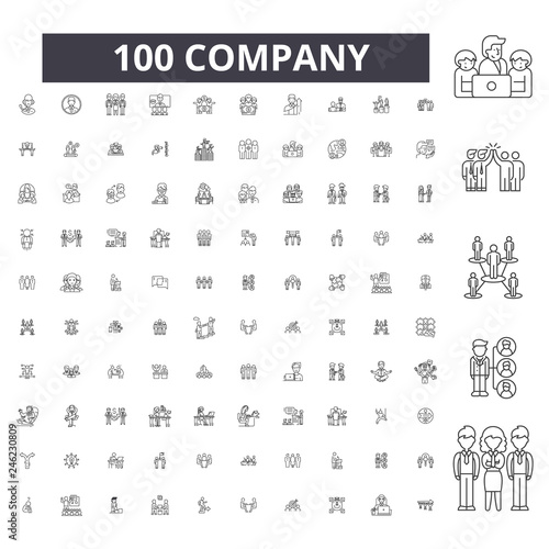 Company editable line icons, 100 vector set on white background. Company black outline illustrations, signs, symbols