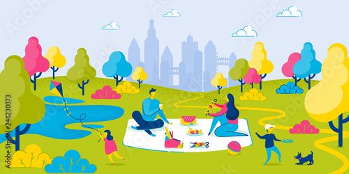 Family Has Picnic in City Park Summer Vacation.