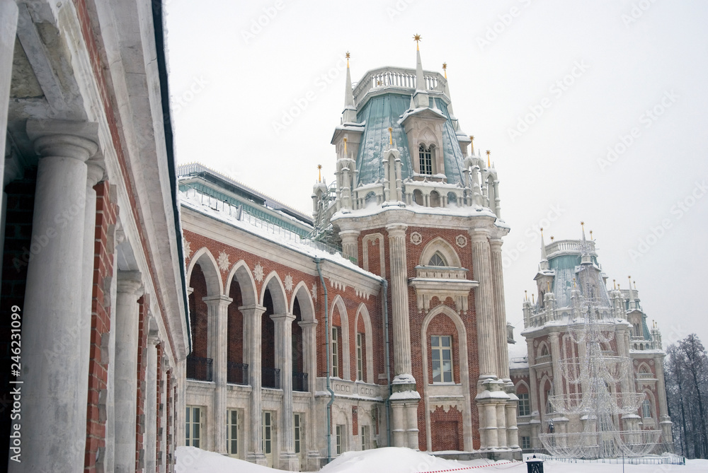 Architecture of Tsaritsyno park in Moscow.  Color winter photo.