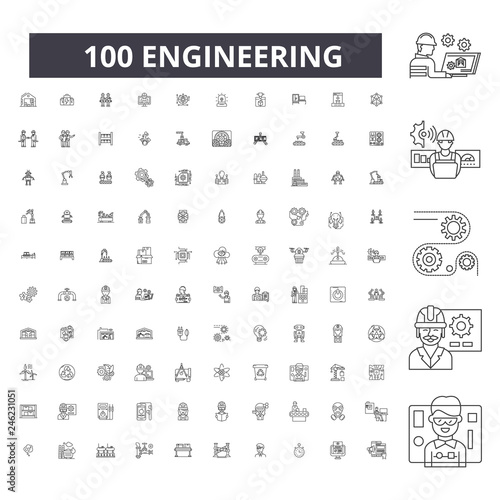 Engineering editable line icons, 100 vector set on white background. Engineering black outline illustrations, signs, symbols
