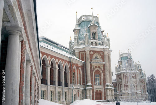 Architecture of Tsaritsyno park in Moscow. Color winter photo.