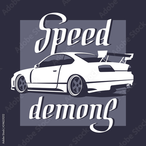 Japanese sport car. Speed demons lettering. Vector illustration