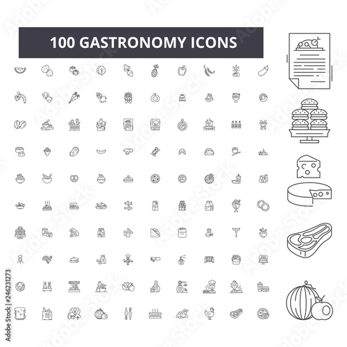 Gastronomy editable line icons, 100 vector set on white background. Gastronomy black outline illustrations, signs, symbols