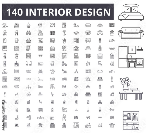 Interior design editable line icons, 100 vector set on white background. Interior design black outline illustrations, signs, symbols
