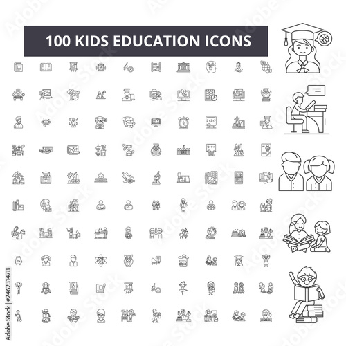 Kids education editable line icons, 100 vector set on white background. Kids education black outline illustrations, signs, symbols