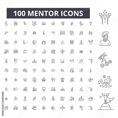 Mentor editable line icons, 100 vector set on white background. Mentor black outline illustrations, signs, symbols