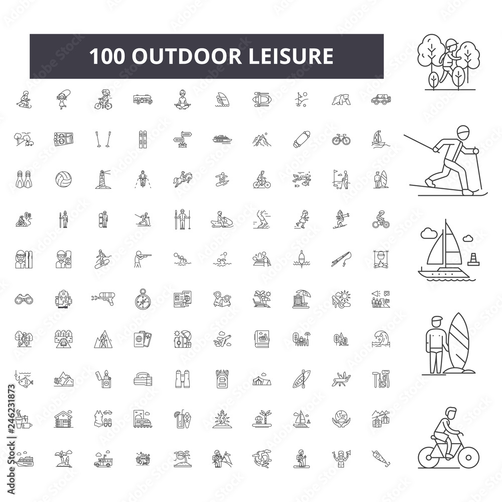Outdoor leisure editable line icons, 100 vector set on white background. Outdoor leisure black outline illustrations, signs, symbols - obrazy, fototapety, plakaty 