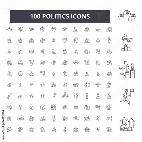 Politics editable line icons, 100 vector set on white background. Politics black outline illustrations, signs, symbols