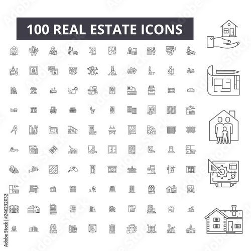 Real estate editable line icons, 100 vector set on white background. Real estate black outline illustrations, signs, symbols